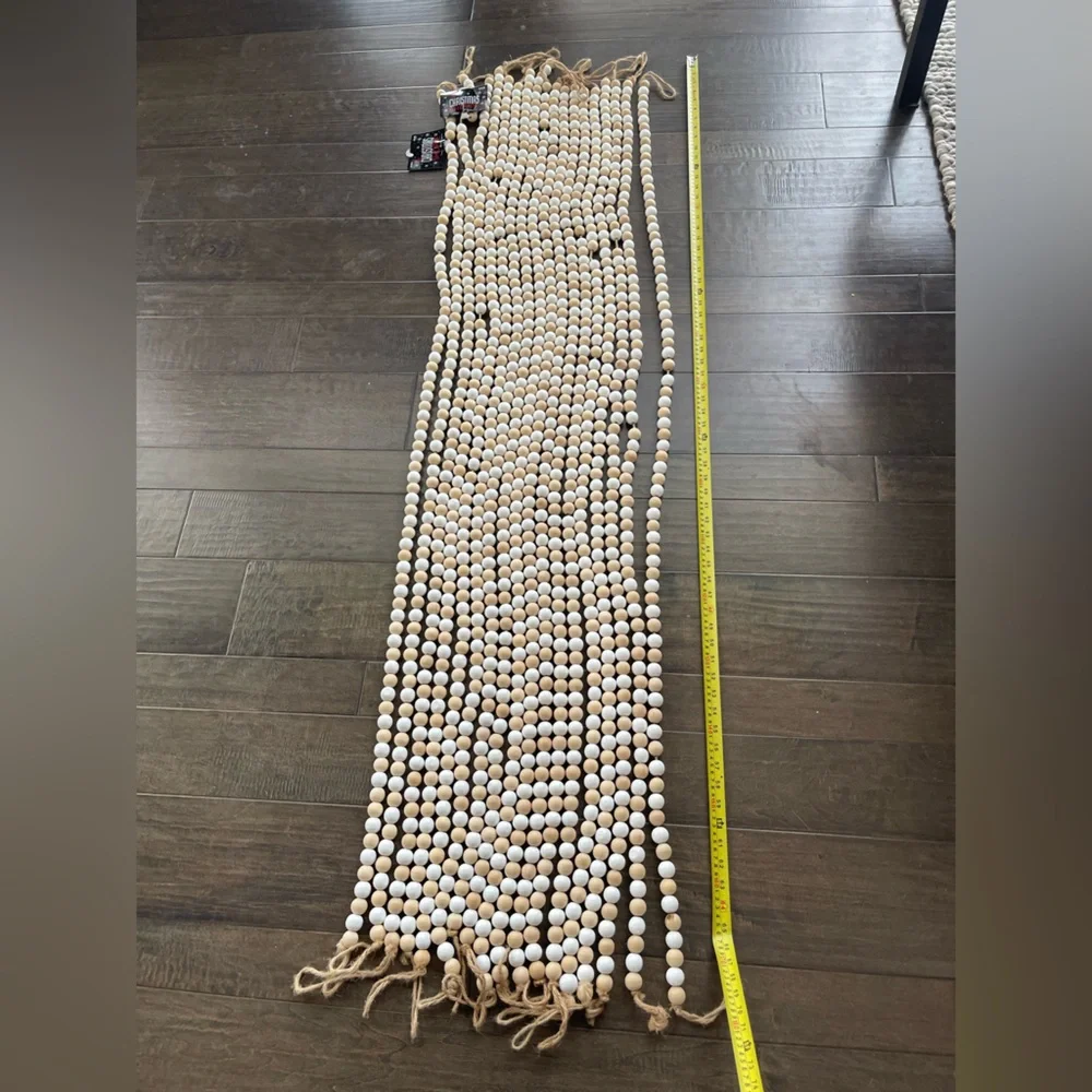 $45 Set of 3 6’ feet foot Wooden Bead Garland, tan white alternating beads